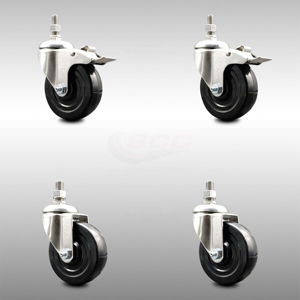 Service Caster 4 Inch 316SS Soft Rubber Swivel 12mm Threaded Stem Caster Lock Brake, 2PK SCC-SS316TSTTL20S414-SRS-M1215-2-S2 - main